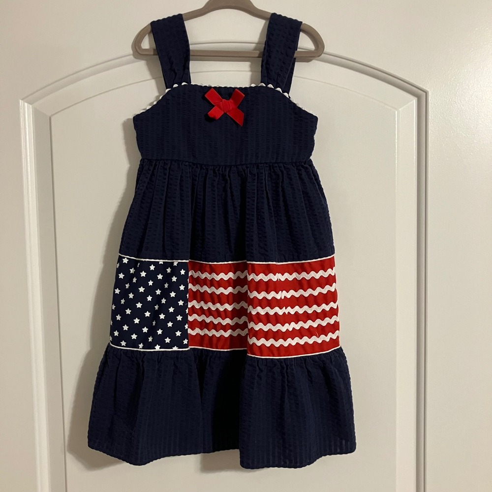 Rare Editions Girls Navy Seersucker Patriotic American Flag Stars Stripes Dress